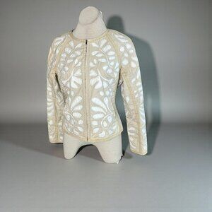 Catherine Malandrino Beige White Appliqué Full Zip Jacket Size Large